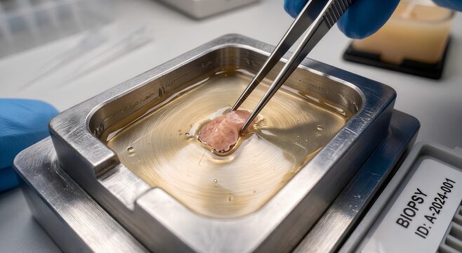Gloved medical professional carefully handling a biopsy tissue sample in a sterile laboratory setting. ideal for pathology and diagnostics