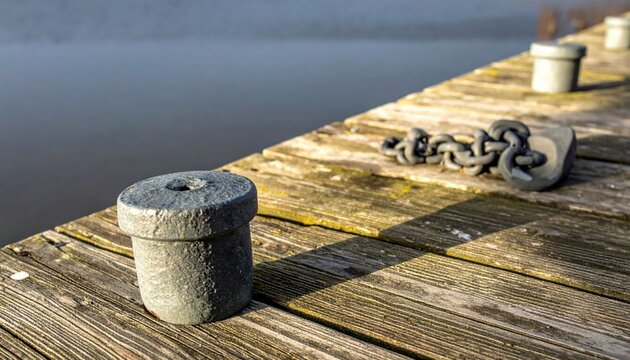 A sturdy grey mooring post and heavy chain rest on a weathered wooden dock beside calm blue water