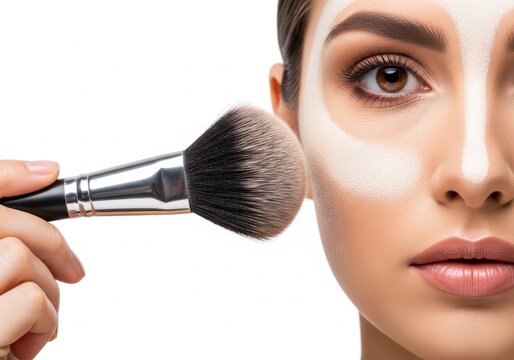 Applying a shimmery highlighter with a makeup brush on the cheekbone