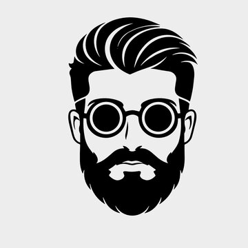 Minimal black silhouette of a bearded man wearing oversized round glasses and pompadour hair. Distinctive hipster avatar for barber logo, retro fashion or profile icon.