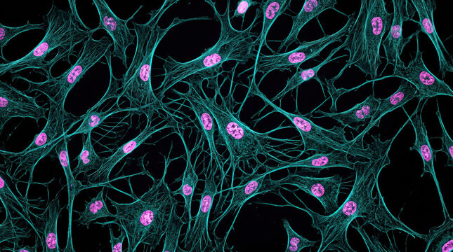 Fibroblast cell network science biology research abstract pattern structure teal magenta nucleus micrograph microscopy background