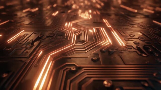 Seamless looping warm glowing copper cinematic light traveling metallic circuit surface luminous refined visuals abstract gradient glow