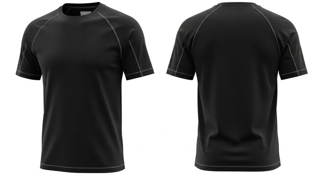 Black short sleeve t-shirt with raglan sleeves and minimalist gray stitch detailing; a versatile fashion design mockup for apparel templates