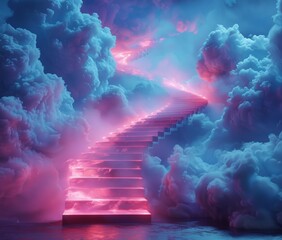 A floating staircase in mystical clouds symbolizing dreamlike ascension