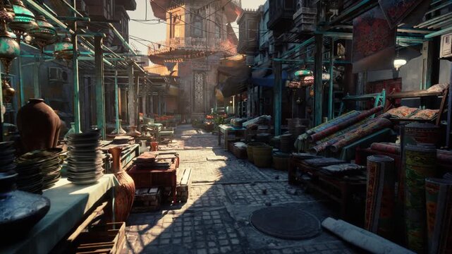sunlit narrow market street at dawn, cobblestone path lined with wooden stalls, stacked crates, pottery and spice sacks, warm golden light casting long shadows,