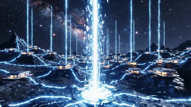 Futuristic cityscape with glowing energy beams. Nighttime urban scene showcases illuminated buildings and vibrant light patterns. Captivating atmosphere evokes excitement and innovation.