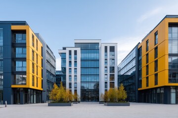 Obraz premium Modern office campus glass yellow facade courtyard minimalist architecture commercial building exterior contemporary urban plaza with reflections and landscaping