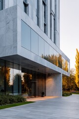 Naklejka premium Modern corporate marble and glass building entrance with reflective windows evening light and landscaped plaza