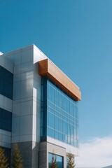 Fototapeta premium Modern commercial building corner with glass facade and orange accent under clear blue sky contemporary office architecture reflective windows daytime exterior