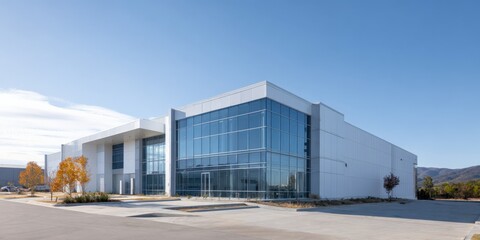 Obraz premium Modern industrial distribution center with glass facade and landscaped entrance under blue sky, large white warehouse building with loading docks and reflective windows