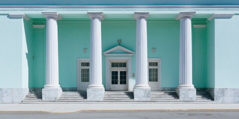 Naklejka premium Turquoise neoclassical building with white columns, arched colonnade, marble steps and symmetrical mint green facade at main entrance