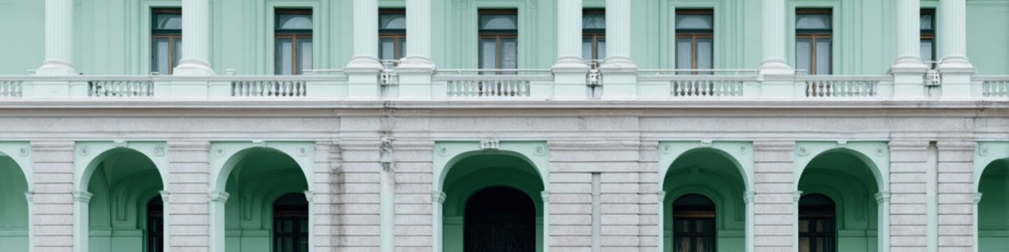 Pale green historic arcade facade with repeating arches colonnade multiple balconies classical pilasters ornamental detailing city streetscape elevation