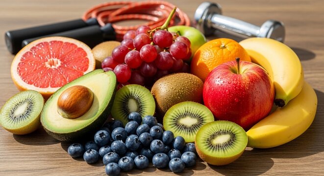 Healthy fruits and fitness equipment