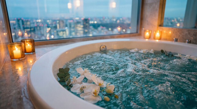 Luxury hotel bathroom with a bubbling jacuzzi and city skyline view, perfect for relaxation