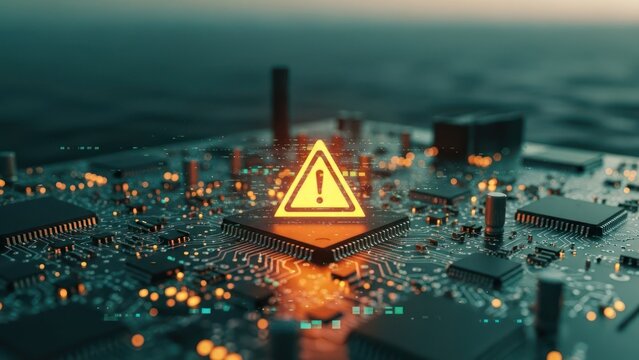 A close-up of a circuit board illuminated with an orange warning sign