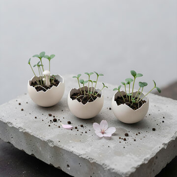 Seedlings growing in eggshells on concrete surface with flower