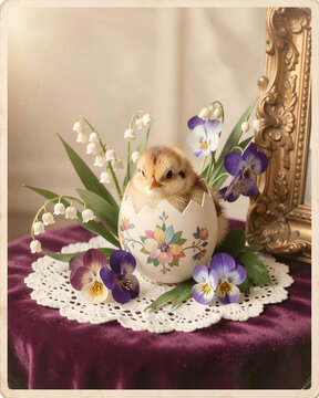 Chick emerging from decorated egg surrounded by flowers on lace
