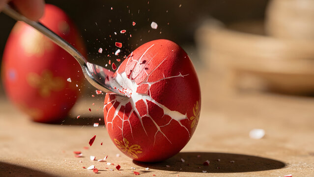 Cracked red Easter egg being opened with spoon on wooden table