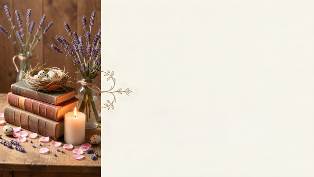 Rustic wooden table with lavender, candles, and old books decor