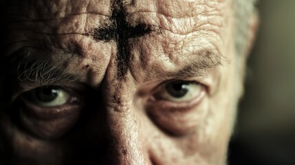 A detailed closeup of a womans expressive face featuring a prominent cross visually composed of ash on her forehead