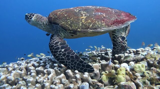 Sea Turtle Resting Over Coral Reef With Fish