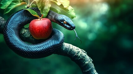 In a captivating and mystical forest setting, a mysterious snake is entwined around a forbidden apple