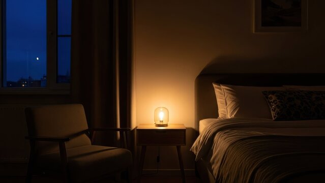 A tranquil bedroom at dusk, illuminated by a bedside lamp with a view of the moon