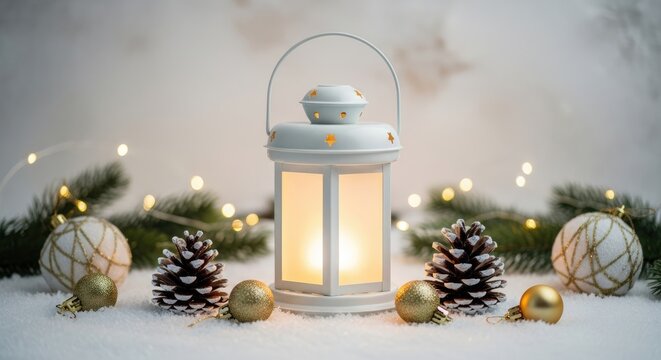 Cozy winter scene with lantern pinecones and christmas decorations on snowy background