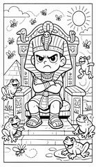 Fototapeta premium Passover coloring page for kids – angry Pharaoh during the plagues, cartoon style, black-and-white line art, fun and friendly, educational illustration for children, A4 portrait