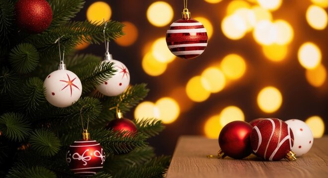 Christmas tree decorations with red and white ornaments and blurred lights background