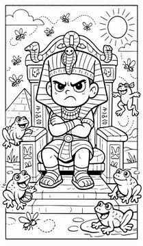 Passover coloring page for kids &ndash; angry Pharaoh during the plagues, cartoon style, black-and-white line art, fun and friendly, educational illustration for children, A4 portrait