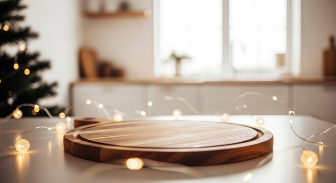 Cozy indoor scene with christmas tree and fairy lights on wooden tray background