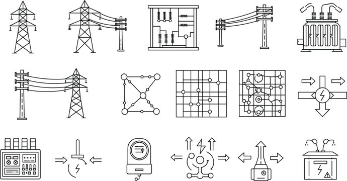 Industrial Electrical Infrastructure and Power Grid Icon Set featuring High Voltage Towers, Transformers, Transmission Lines, Electricity Meters, and Power Distribution Control Panels