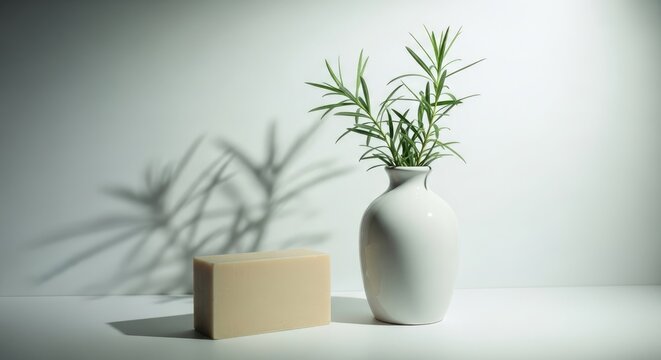 Minimalist interior decor with vase and book on white background