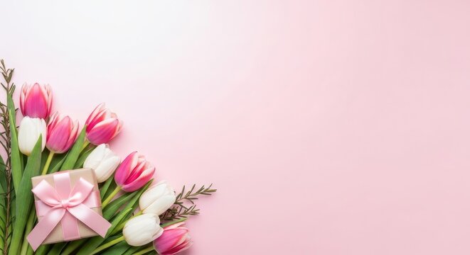 Pink and white tulips bouquet with gift box on pastel background