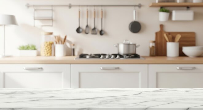 Modern kitchen interior with white cabinets and marble countertop background