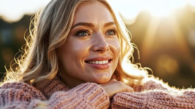 Woman with blonde hair experiencing hope realization outdoors. Expression shifts from surprised open mouth to thoughtful gaze and joyful smile. Positive emotion transition in warm sunlight setting