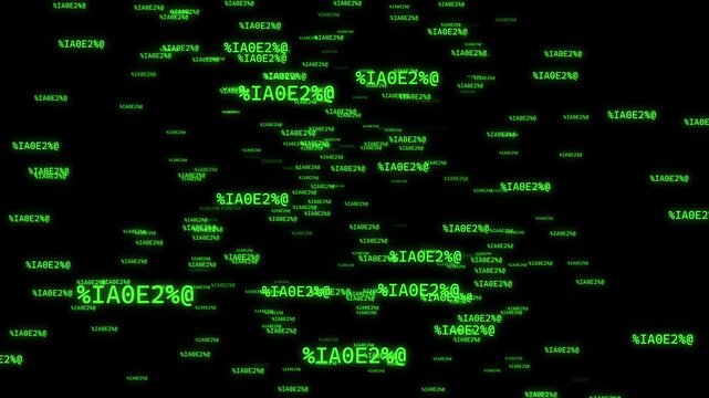 Abstract green matrix digital code characters moving forward toward the camera on a dark background. Random alphanumeric symbols create a futuristic depth effect.