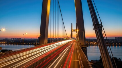 Fototapeta premium A busy suspension bridge with traffic lights at dusk near water