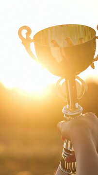 Celebration of victory with trophy in sunset. Person holds golden trophy high in air. Teenager holds a cup in his hands. Warm sunlight creates joyful atmosphere in vertical shot.