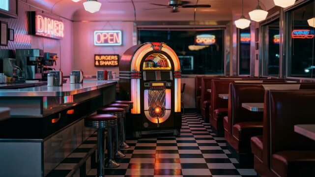 Neon diner jukebox checker floor booth glowing retro interior nostalgic cozy night signs