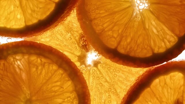 Macro backlit orange slices with bubbles in sparkling liquid creating vibrant citrus texture. Fresh fruit background ideal for summer drinks, beverage ads, food visuals and refreshing concepts