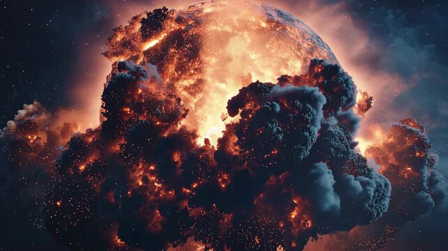 Burning planet undergoes catastrophic explosion in space, marking a cosmic apocalypse event in deep space