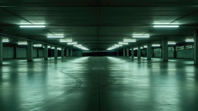 A dimly lit empty parking garage with fluorescent lights overhead