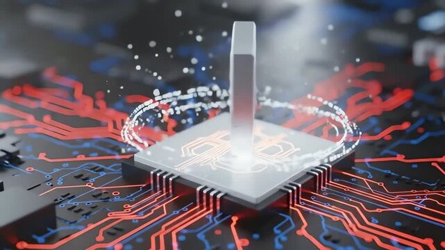 Digital Data Protection Concept: Glowing Shield Symbol on Microchip Illustrates Cybersecurity on a Circuit Board, 3D Rendering