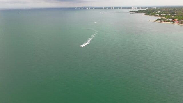 Aerial view of a jet ski in the Caribbean Sea near Covenas, Colombia