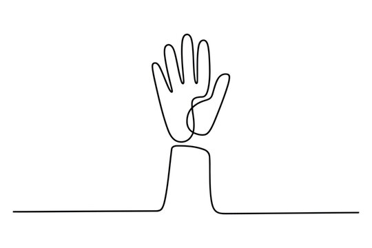 Black and white line of a raised hand with five fingers on a straight baseline line raised hand