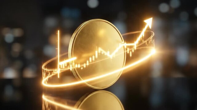 Golden coin with rising graph lines and upward arrows. Financial growth animation symbolizing investment success and cryptocurrency market trends.