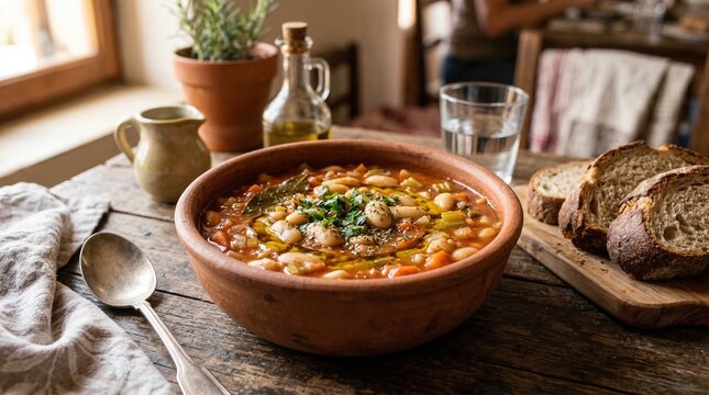 Traditional Greek fasolada soup served in a rustic wooden setting  