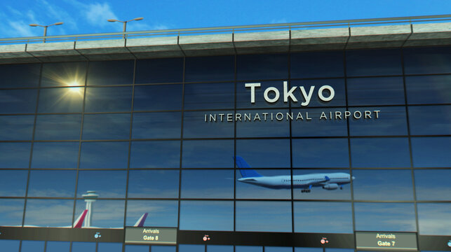 Airplane landing airport terminal arrival in Tokyo Japan